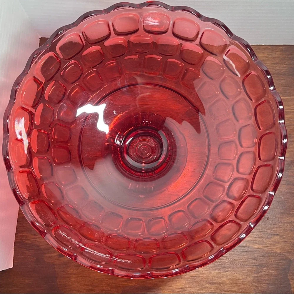 Vintage Federal Glass Yorktown Colonial Ruby Red Thumbprint Footed Bowl 10”
